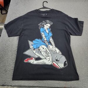 Fatal Clothing Shirt Mens Large Black Pin-Up Shark Tattoo Graphic Tee Skull